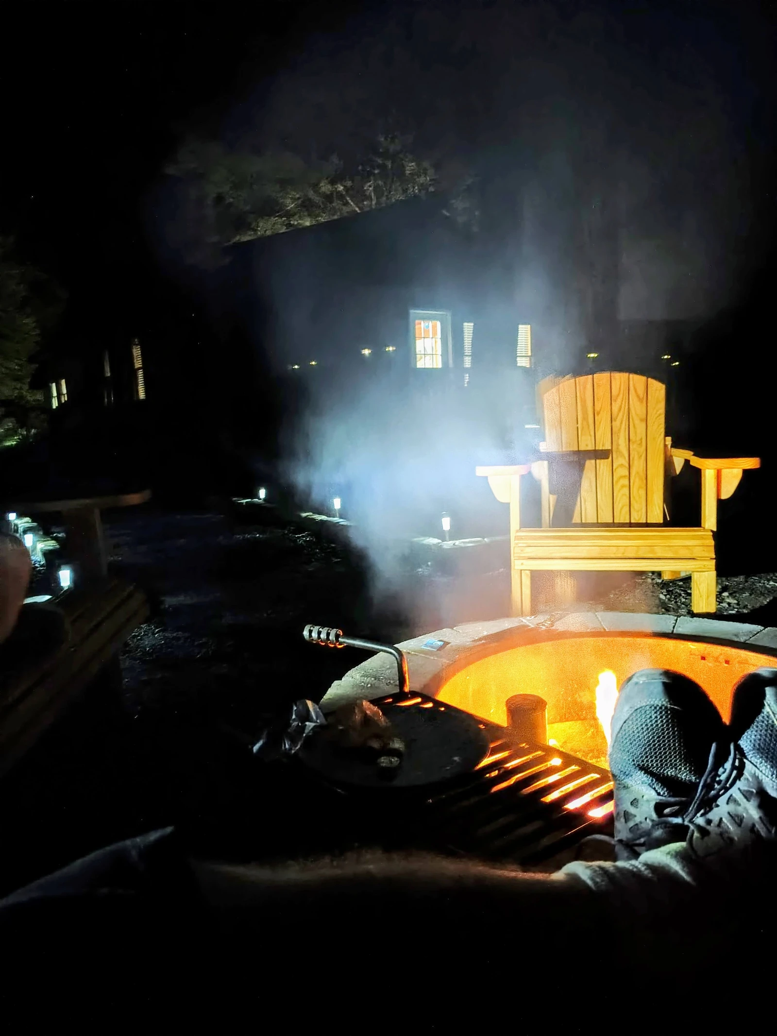 Outdoor fire pit at night near the Ocoee River cabin