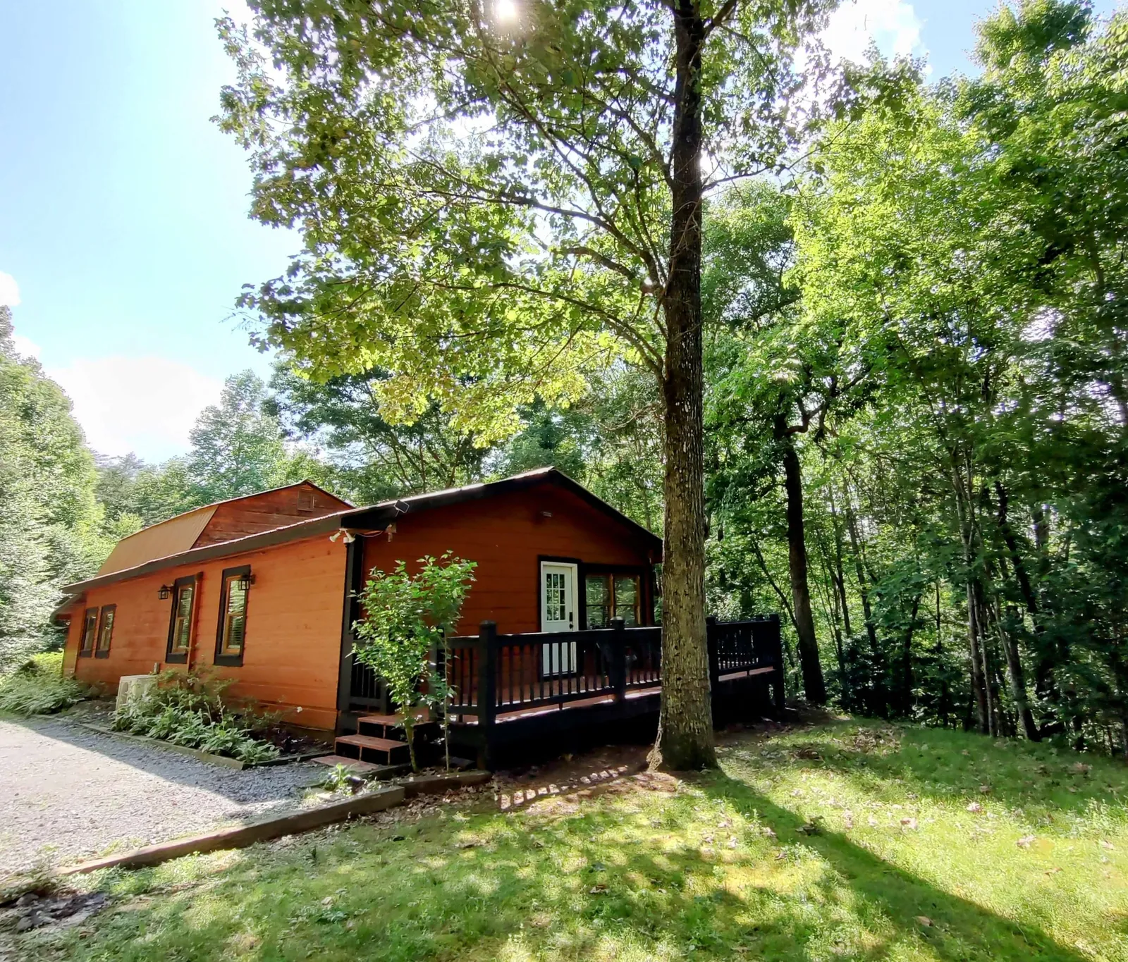 Covered back porch with scenic mountain forest views at our secluded cabin rental in Turtletown TN