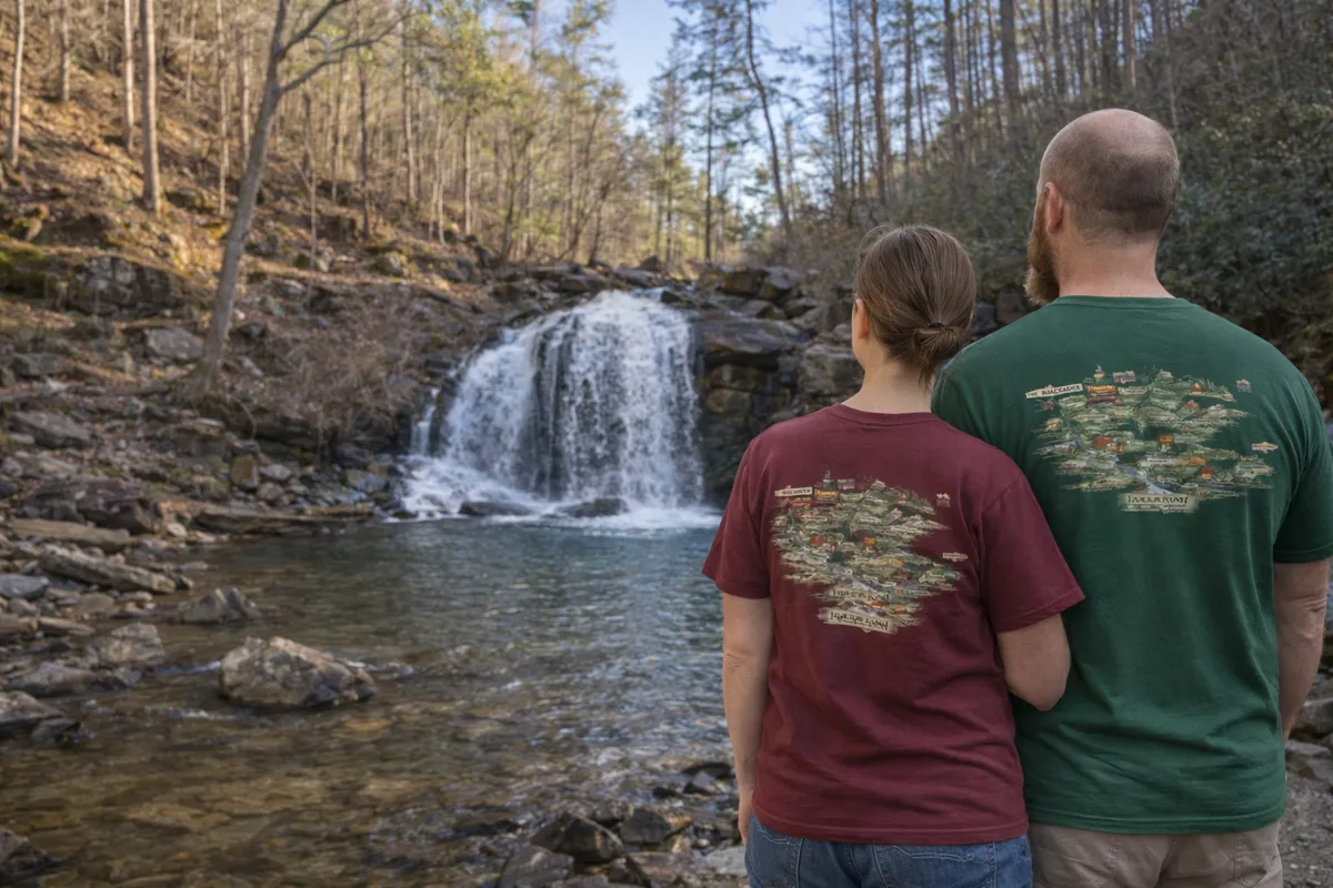 A couple wearing matching backroads map shirts while hiking Turtletown Creek Falls near our mountain cabin rental.
